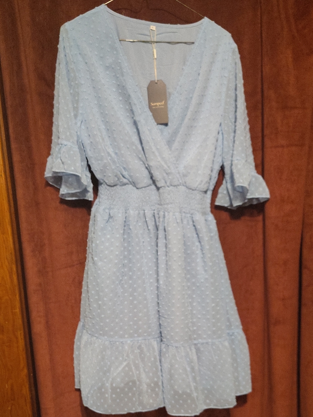 Light Blue Swiss Dot Wrap Dress - Sampeel